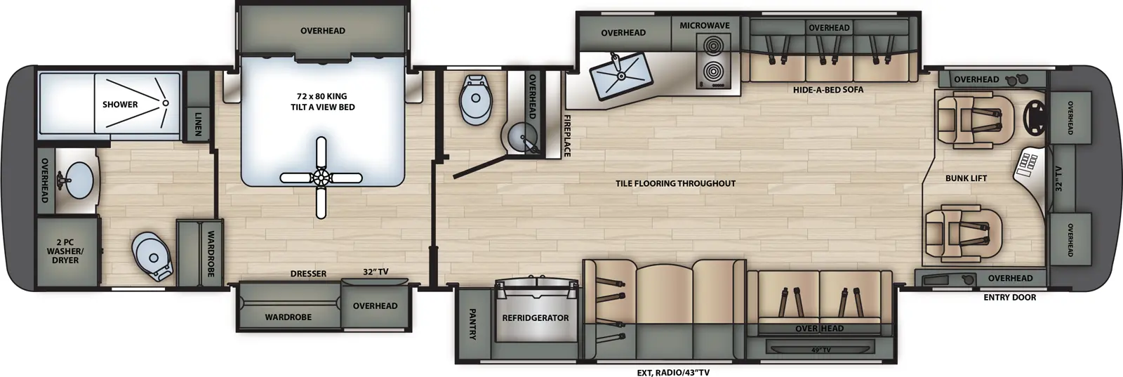 The 40D has four slideouts and one entry. Interior layout front to back: cockpit with entry, overhead cabinets, and cockpit bed; off-door side slideout with sofa, overhead cabinets, microwave over cooktop, and kitchen countertop with sink; door side slideout with hide-a-bed sofa, TV, overhead cabinets, dinette, refrigerator and pantry; off-door side fireplace along inner wall, and half bathroom with medicine cabinet; door side slideout with dresser, overhead cabinet and TV; wardrobe along inner wall; off-door side slideout with tilt-a-view king bed with overhead cabinet; rear full bathroom with overhead cabinet, and washer/dryer prep. Optional theater seating in place of hide-a-bed sofa. Optional table and chairs in place of dinette.